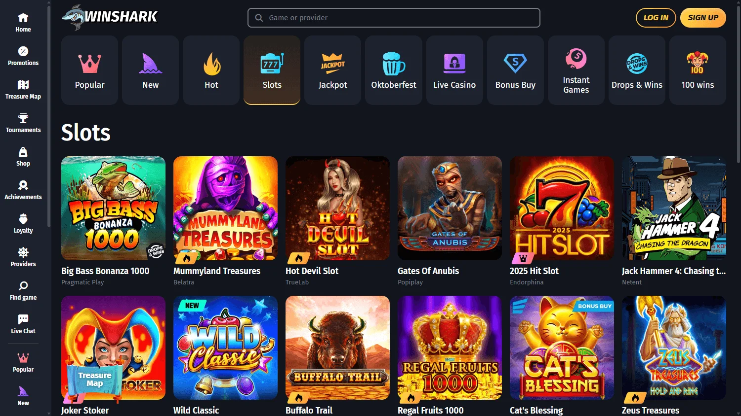 Winshark Casino games area on desktop