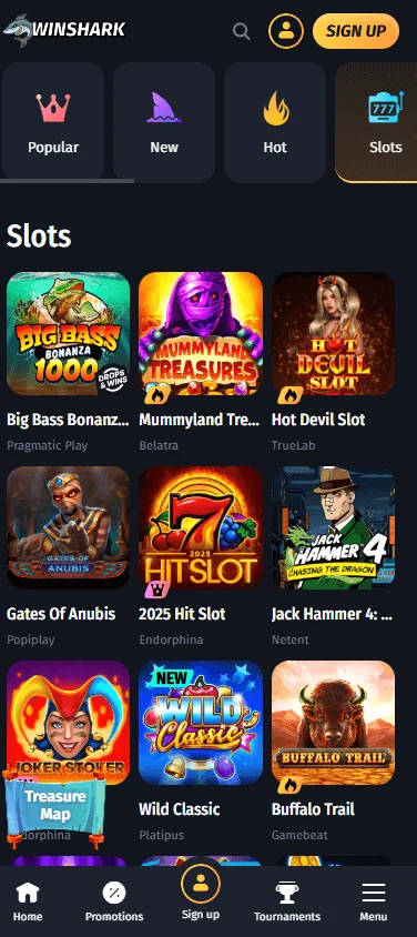 Winshark Casino games area on a mobile device