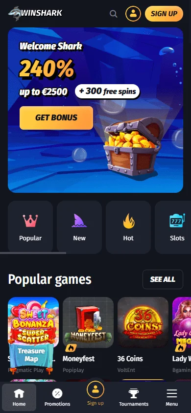 Winshark Casino home page on a mobile device