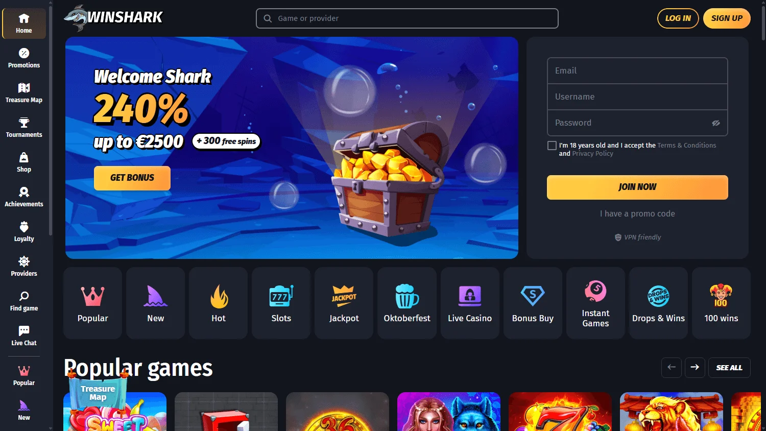 Winshark Casino home page on desktop