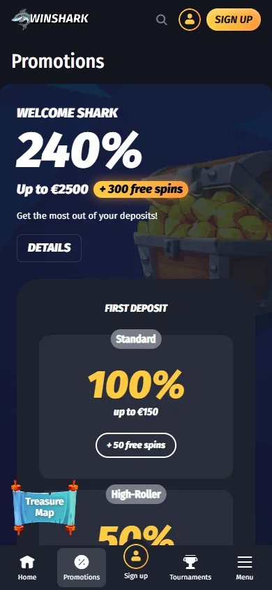 Winshark Casino promotions area on a mobile device