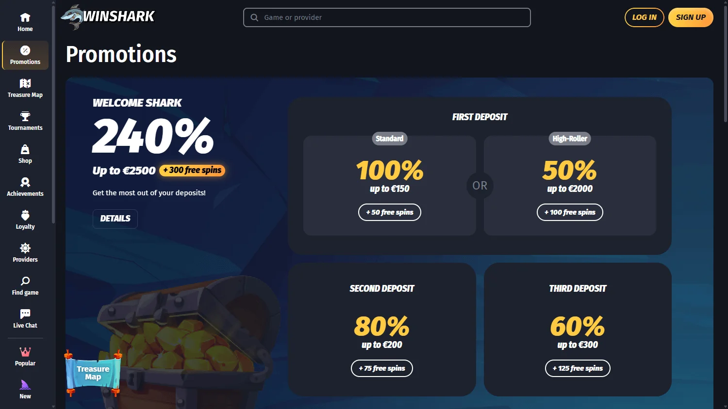 Winshark Casino promotions area on desktop